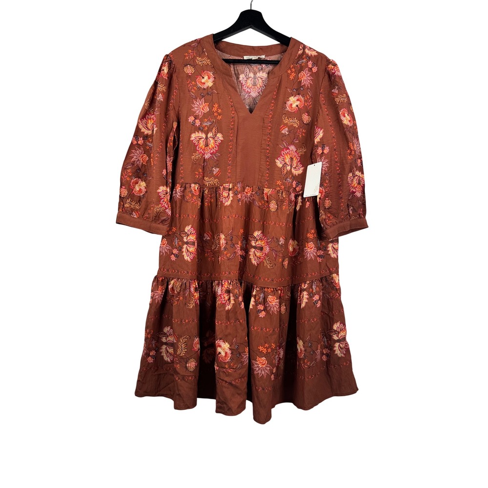 Fig Flower Tiered Dress sz L Rust Brown Floral Boho lagen look cottage core
